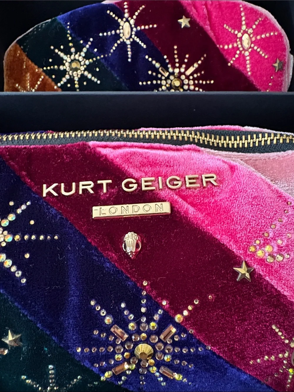 Kurt Geiger Velvet Multicolor Embellished Eye Mask & Pouch Set NIB